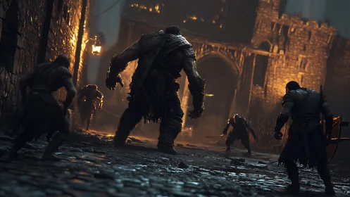 Medieval warriors confronting giant creature in fortress street.