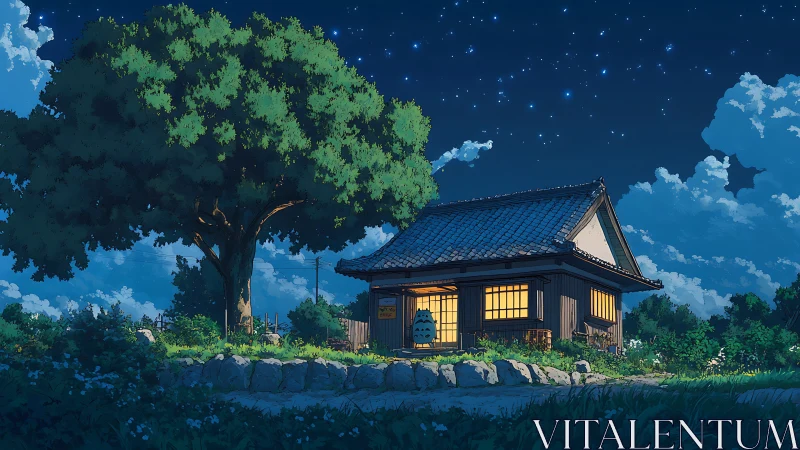 Starlit countryside house glows warmly beneath vast night sky