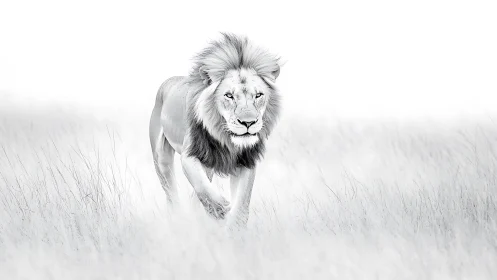 High key monochrome lion striding through tall grass.