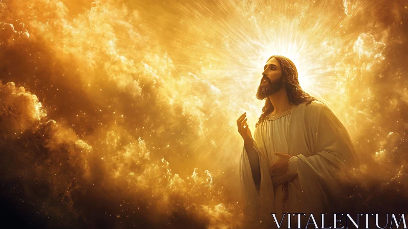 Radiant spiritual figure ascends amid golden heavenly light.