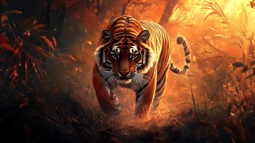Ember jungle tiger strides through molten sunrise haze.