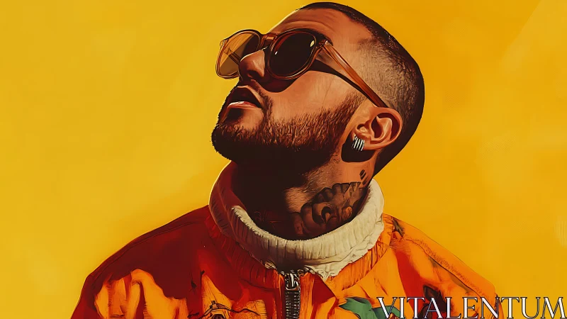 Stylized portrait of a tattooed man in orange jacket against yellow