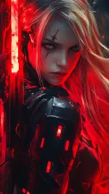 Fierce cyberpunk warrior glowing in molten neon red light.
