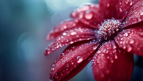 Red flower macro with dew drops on petals and center.