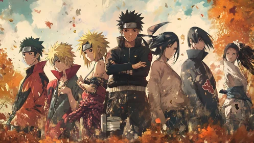 Group portrait of anime warriors in autumn foliage.