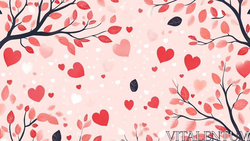 Red and Pink Hearts Scattered Among Tree Branches with Leaves