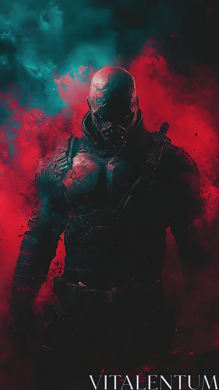Armored masked warrior in red and teal smoke clouded scene.