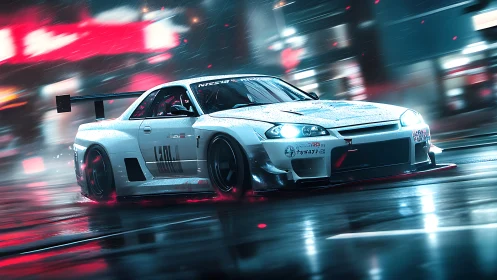 Street-tuned drift car slices through neon-soaked rain