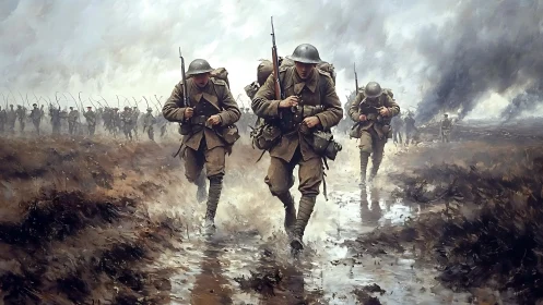World War I infantry advance through rain-soaked battlefield.