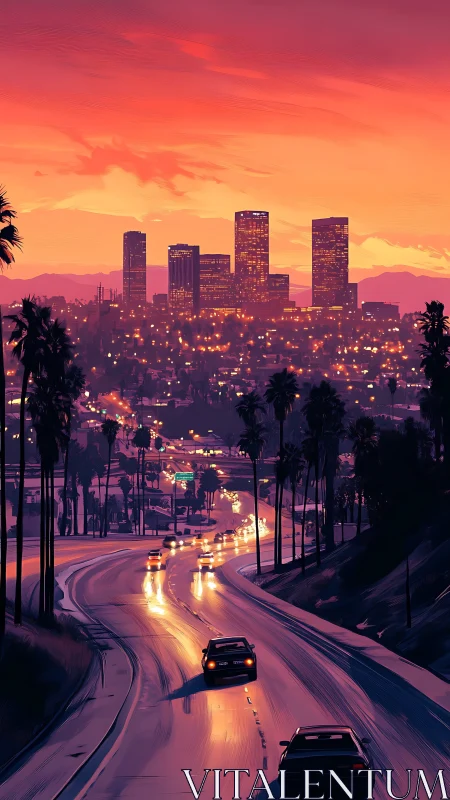 Sunset city freeway with palm trees and glowing traffic.