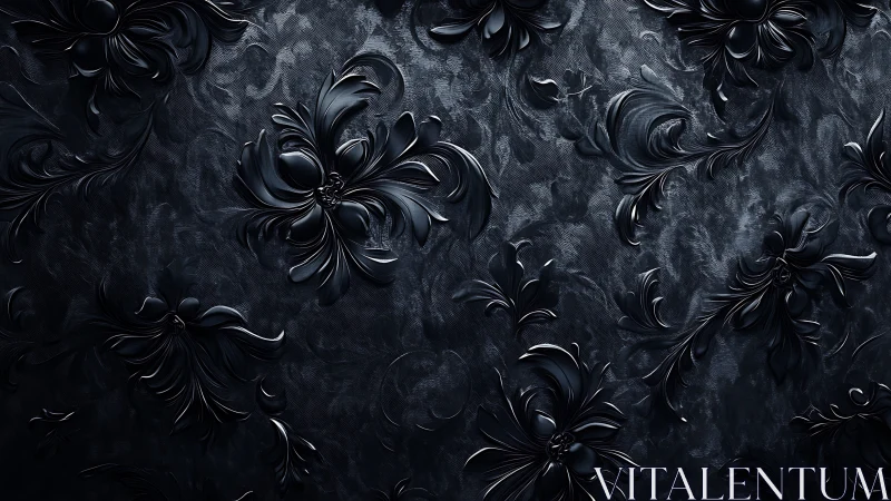 Dark embossed floral pattern with sculpted metallic petals.
