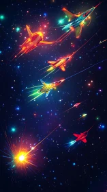 Neon spacecraft dogfight traced across dense star field.