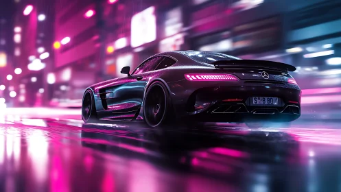 Neon‑lit sports coupe accelerates through wet city street at night
