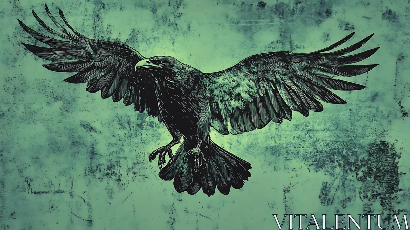 Majestic Black Raven in Flight, Grunge Illustration on Green Background.