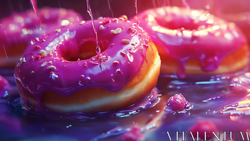 Glazed donuts shine under neon light with dripping pink icing