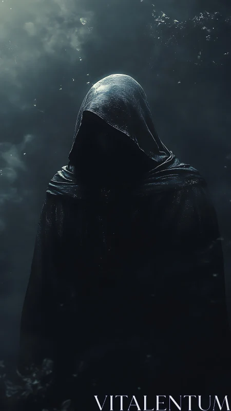 Mysterious hooded wanderer emerging from shimmering shadow.