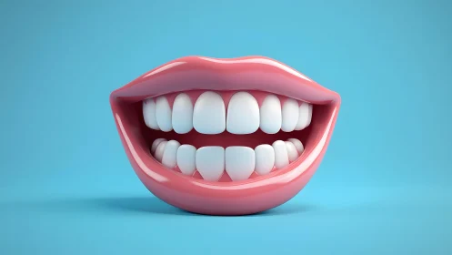 3D Illustration of Smiling Mouth with Perfect White Teeth on Blue.