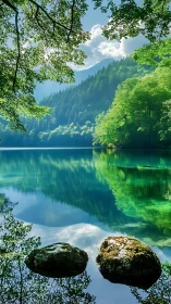 Serene forest lake mirrors emerald hills in soft morning light