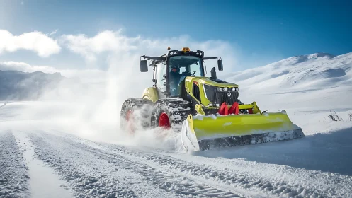 Articulated tractor with front snowplow on alpine roadway