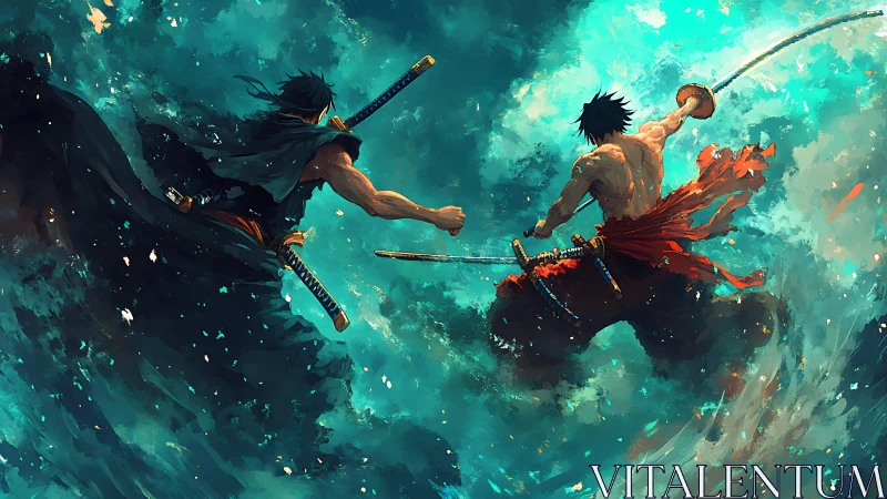 Samurai duel explodes across a storm of swirling teal skies