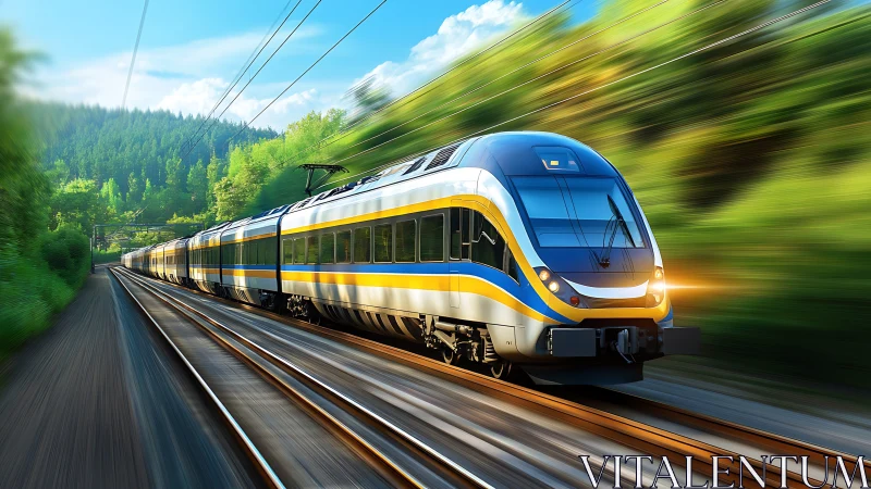 Electric high speed train traverses dual tracks in forest corridor