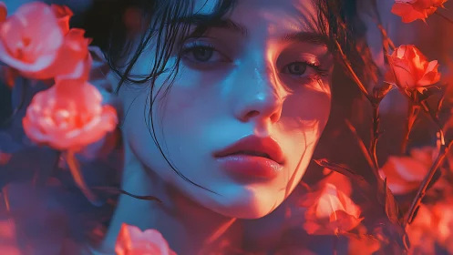 Digital portrait of young woman amid red flowers, blue light.