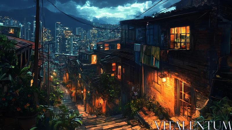Hillside favela alley glowing against neon city skyline.