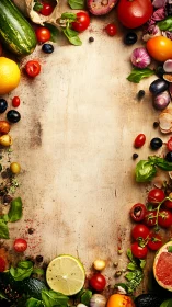 Assorted fresh vegetables and fruits framing empty board.