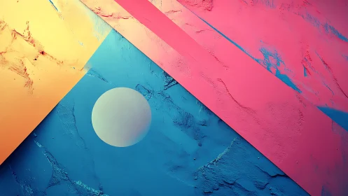 Vibrant geometric shapes cut across textured color fields