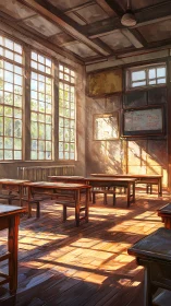 Sunlit empty classroom captures warm late afternoon light
