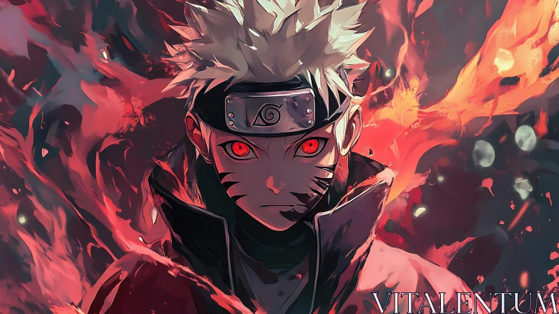 Anime ninja portrait with glowing red eyes and flames.