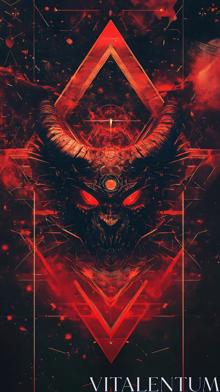 Demonic horned visage with geometric red sigil lattice in symmetry
