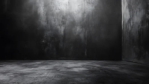 Empty concrete room in dramatic shadow and light interplay.