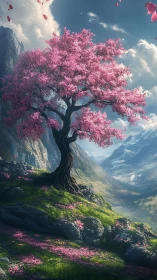 Blossoming pink tree watching over a dreamy mountain valley.