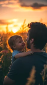 Backlit father and toddler portrait in warm sunset field