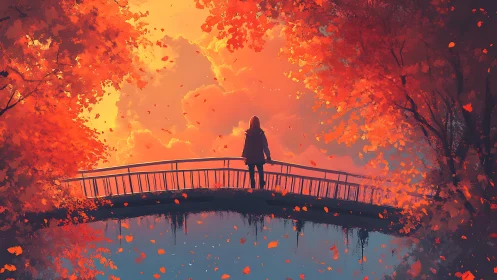 Solitary figure on bridge amid luminous autumn foliage at dusk