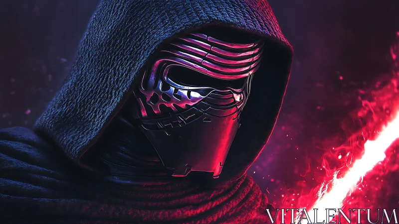 Masked hooded figure holds glowing red energy blade