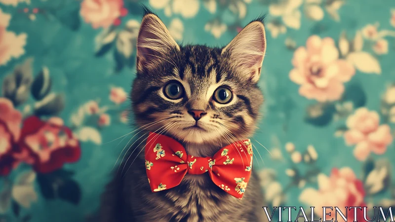 Tabby cat wearing red bow tie against floral wallpaper background