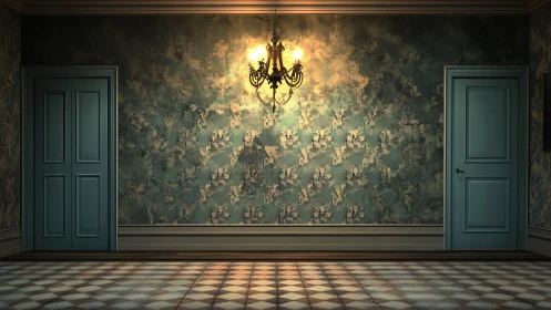 Symmetrical teal corridor with chandelier glow and tiled floor.