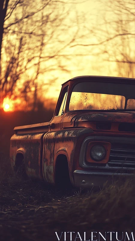 Rusting pickup truck beside field at fiery country sunset.