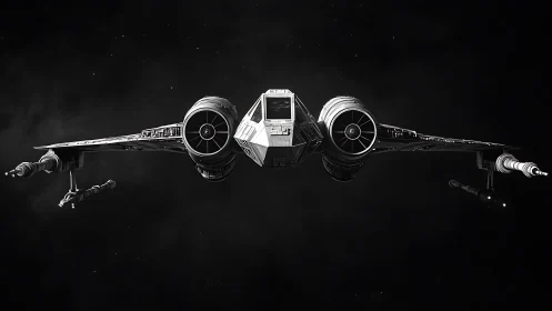 Starfighter gliding through deep space&rsquo;s quiet black canvas.