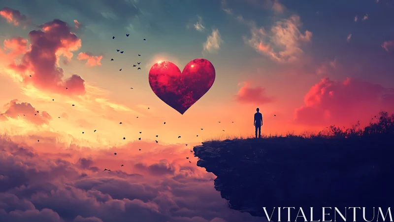 Silhouetted figure observing luminous heart form against sunset