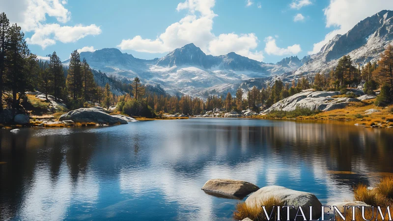 Alpine lake reflection under rugged snow capped peaks.