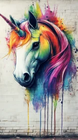 Vibrant unicorn graffiti mural with dripping rainbow paint.