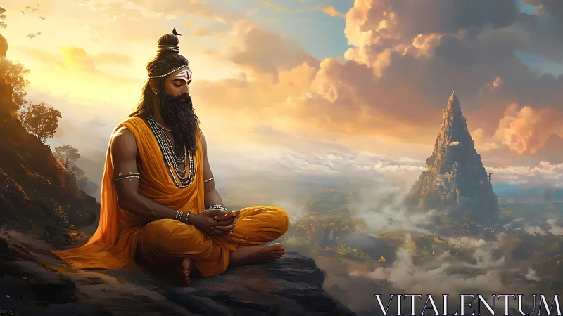 Seated ascetic meditates on cliff edge before distant peak