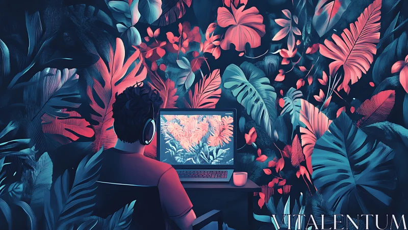 Seated figure views laptop amid stylized tropical foliage