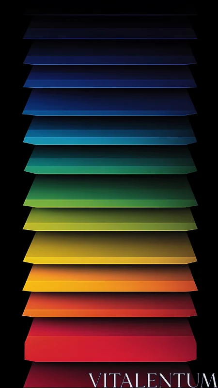 Stacked rainbow planes descend into luminous digital dusk.