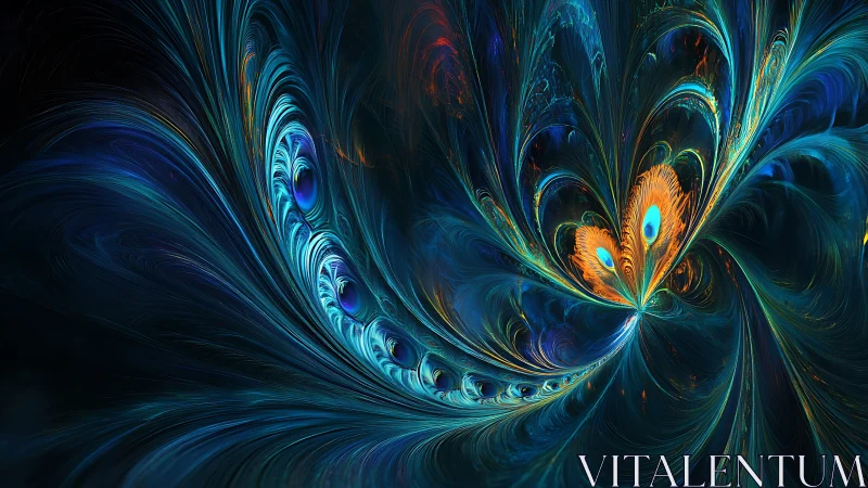 Fractal peacock energy swirls in vivid neon feathered arcs.