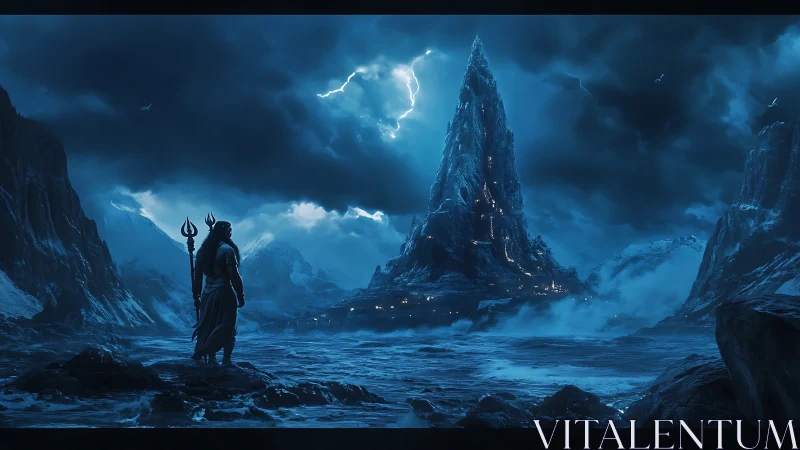 Stormy blue mountain landscape with lone warrior figure.