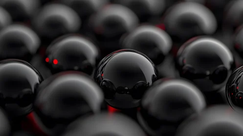 Midnight spheres gleam with ember-red whispers of light.